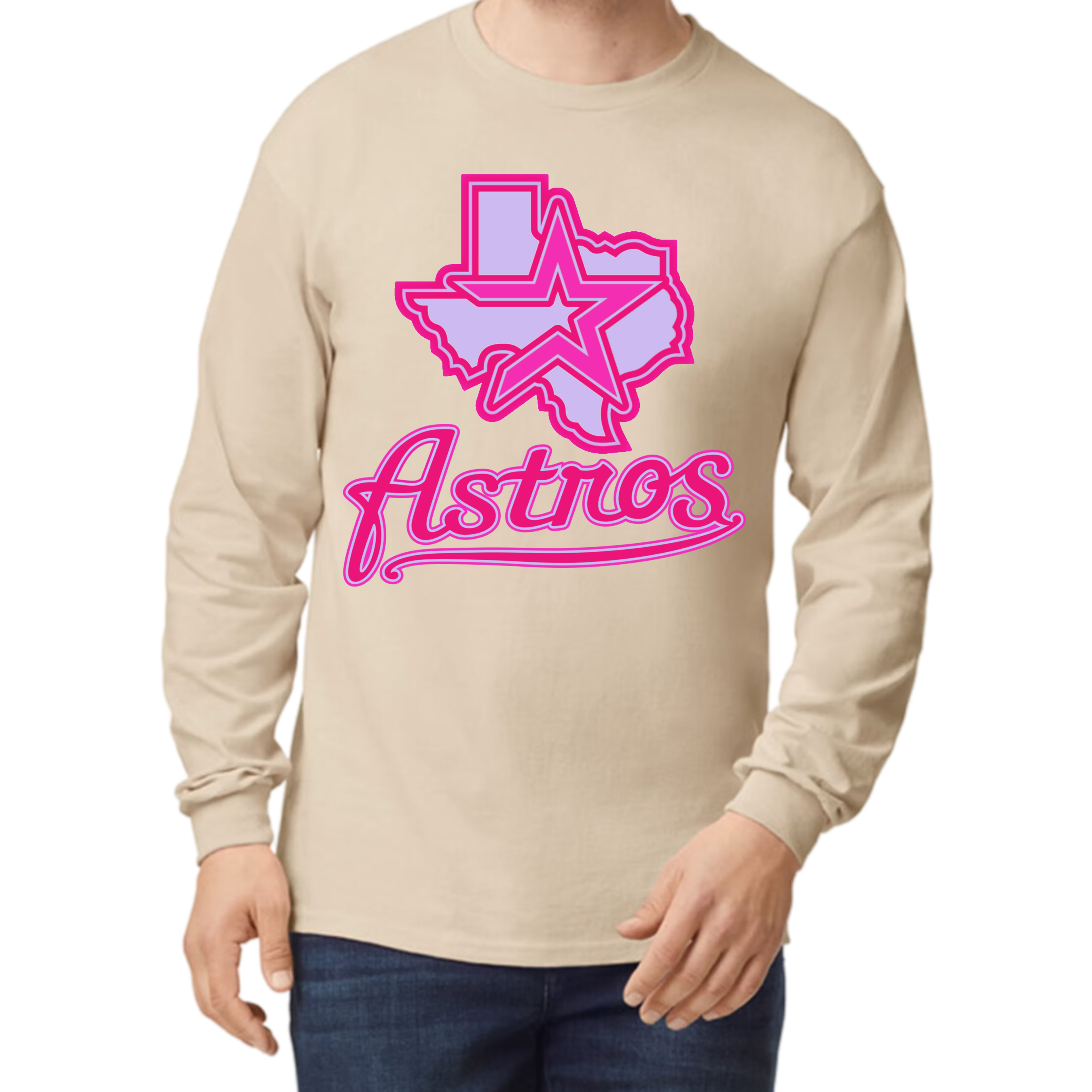 Neon Pink Astros Long Sleeve - Sand