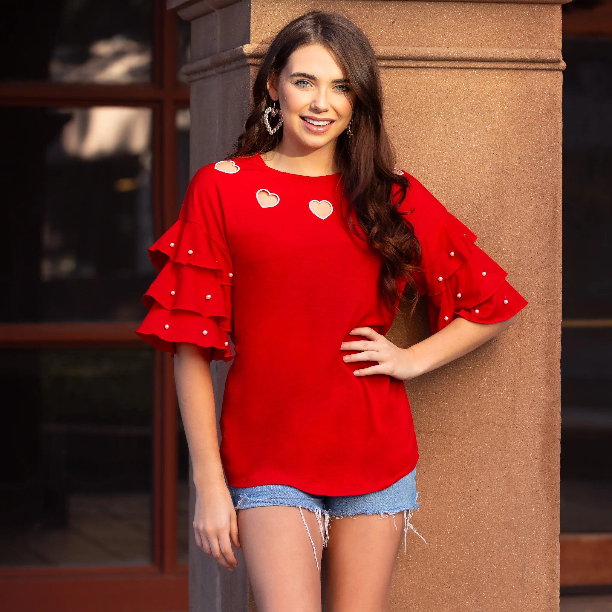Heart Top - Pearl Ruffle Sleeves